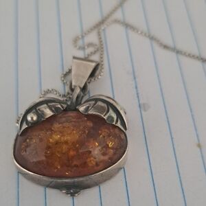 Silver and Orange Filigree Pendant Necklace